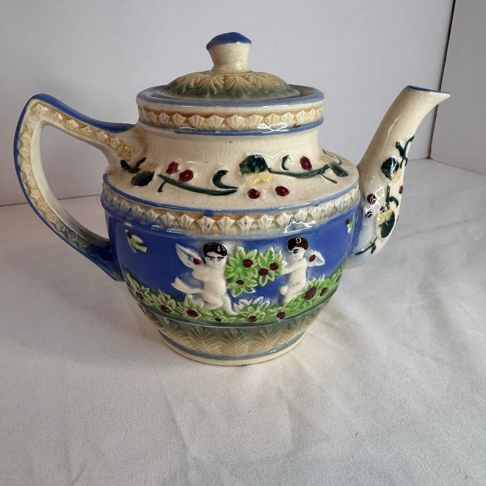 Vintage Japanese Relief Majolica Glazed Floral & Cherub Angels Teapot‎